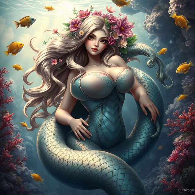 An enchanting female serpent creature with a stunning and beautiful face, featuring large breasts and captivating eyes