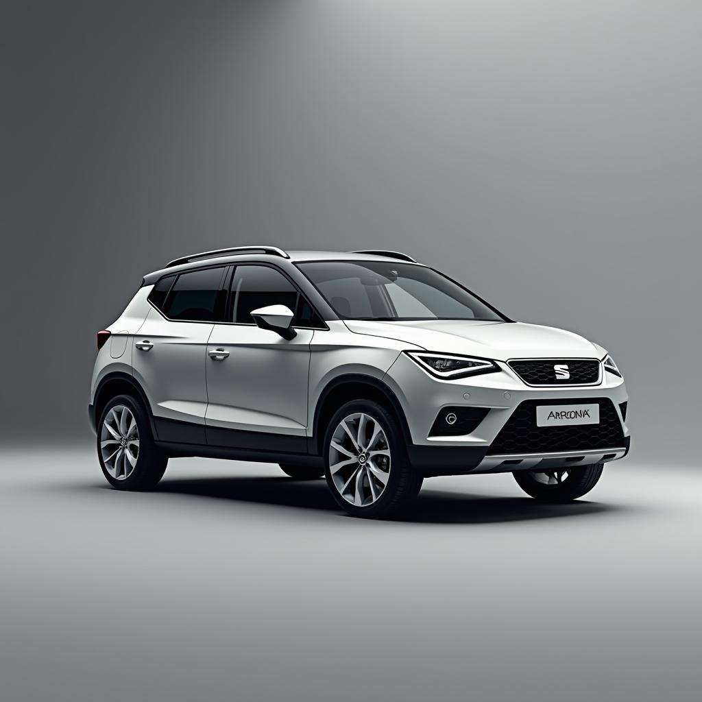 A striking Seat Arona compact SUV, equipped with sleek silver alloy wheels, positioned prominently against a smooth, minimalist grey background