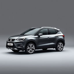 A striking Seat Arona compact SUV, equipped with sleek silver alloy wheels, positioned prominently against a smooth, minimalist grey background