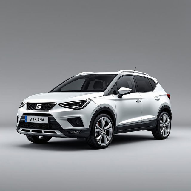 A striking Seat Arona compact SUV, equipped with sleek silver alloy wheels, positioned prominently against a smooth, minimalist grey background