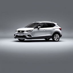 A striking Seat Arona compact SUV, equipped with sleek silver alloy wheels, positioned prominently against a smooth, minimalist grey background