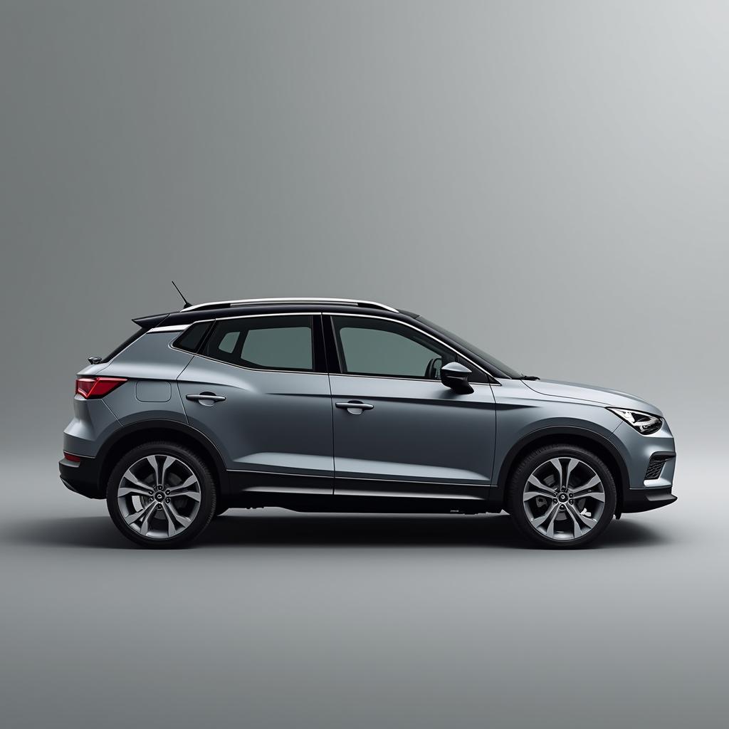 A striking Seat Arona in a magnetic grey finish, equipped with sleek silver alloy wheels, positioned prominently against a smooth, minimalist grey background