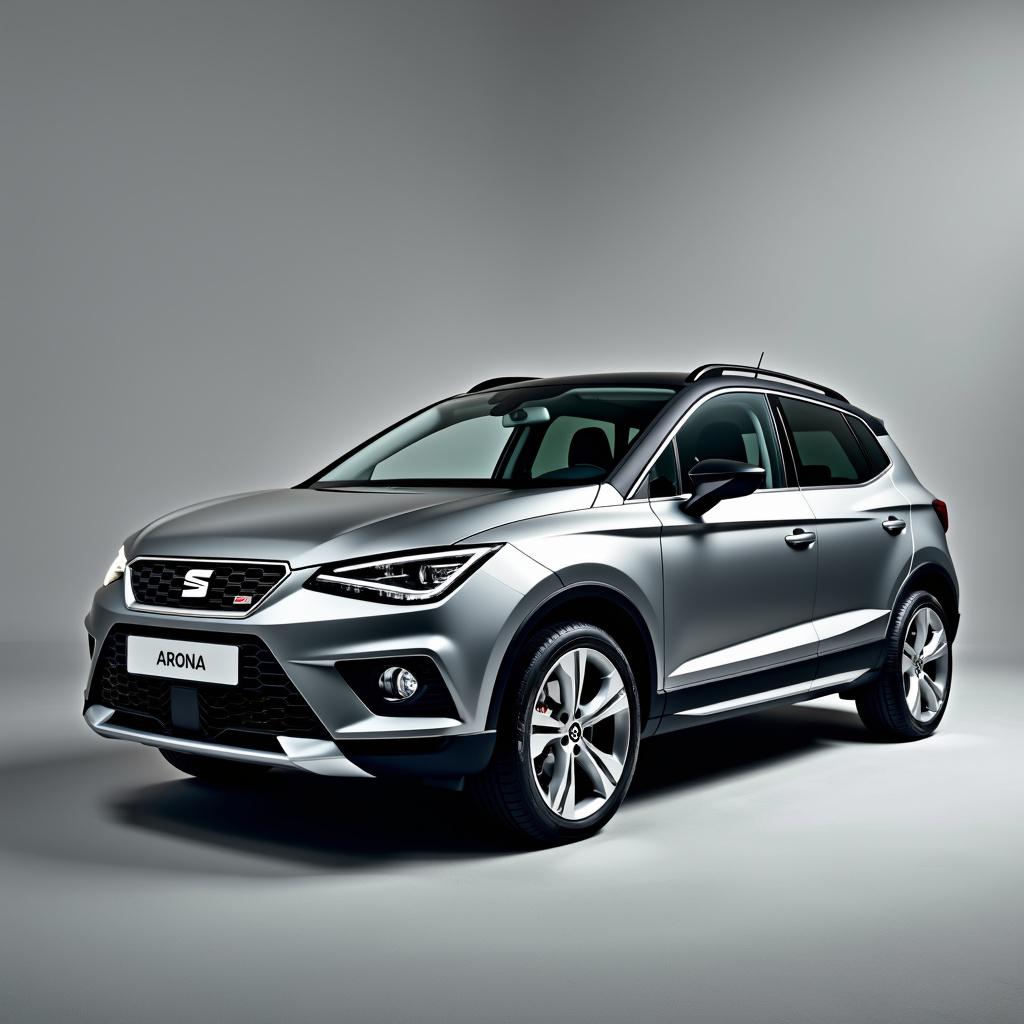 A striking Seat Arona in a magnetic grey finish, equipped with sleek silver alloy wheels, positioned elegantly against a smooth, minimalist grey background