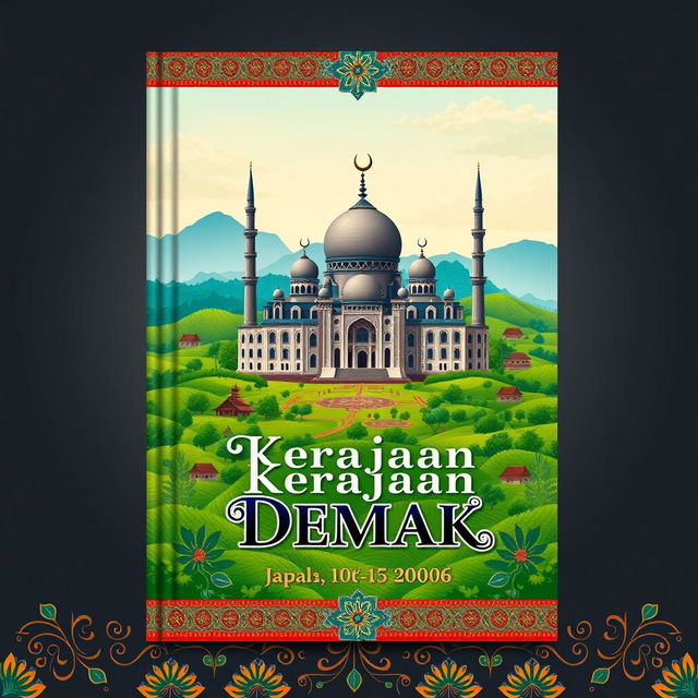 A visually striking book cover design for a 10th grade school project on the Demak Sultanate, focusing on its history and significance