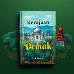 A visually striking book cover design for a 10th grade school project on the Demak Sultanate, focusing on its history and significance