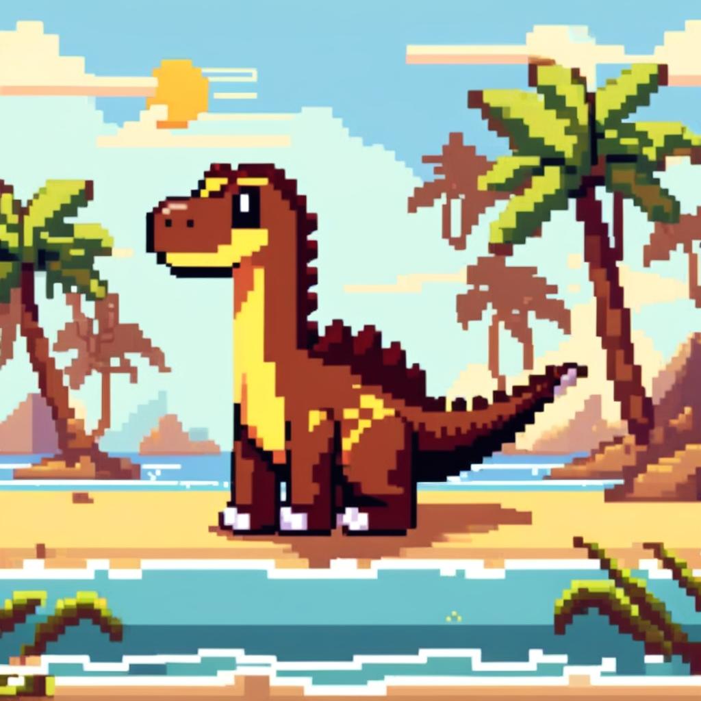 Pixel art PFP featuring a friendly yellow and brown Spinosaurus against a backdrop of a tropical beach.