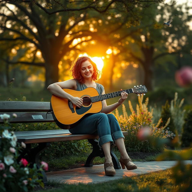 A serene outdoor scene featuring a musician playing an acoustic guitar, seated on a wooden bench surrounded by lush greenery and blooming flowers