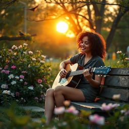 A serene outdoor scene featuring a musician playing an acoustic guitar, seated on a wooden bench surrounded by lush greenery and blooming flowers