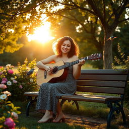 A serene outdoor scene featuring a musician playing an acoustic guitar, seated on a wooden bench surrounded by lush greenery and blooming flowers