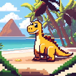 Pixel art PFP featuring a friendly yellow and brown Spinosaurus against a backdrop of a tropical beach.