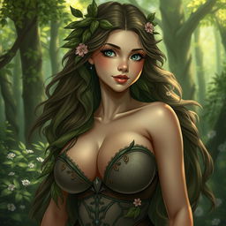 A beautiful huldra woman with enchanting features and large breasts, embodying both allure and a sense of wilderness