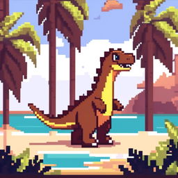 Pixel art PFP featuring a friendly yellow and brown Spinosaurus against a backdrop of a tropical beach.