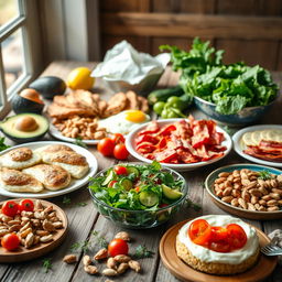 An array of colorful, healthy foods suitable for the Atkins diet spread out on a rustic wooden table