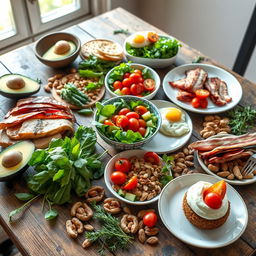 An array of colorful, healthy foods suitable for the Atkins diet spread out on a rustic wooden table