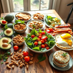 An array of colorful, healthy foods suitable for the Atkins diet spread out on a rustic wooden table