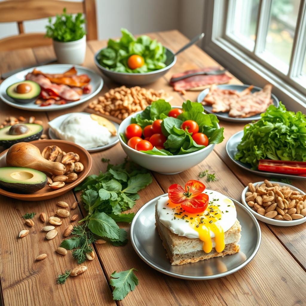 An array of colorful, healthy foods suitable for the Atkins diet spread out on a rustic wooden table