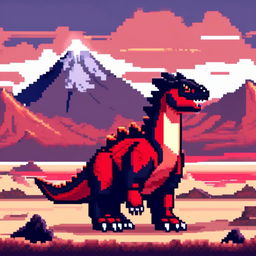 Pixel art PFP featuring a charming red and black Carnotaurus against a backdrop of a volcanic landscape.