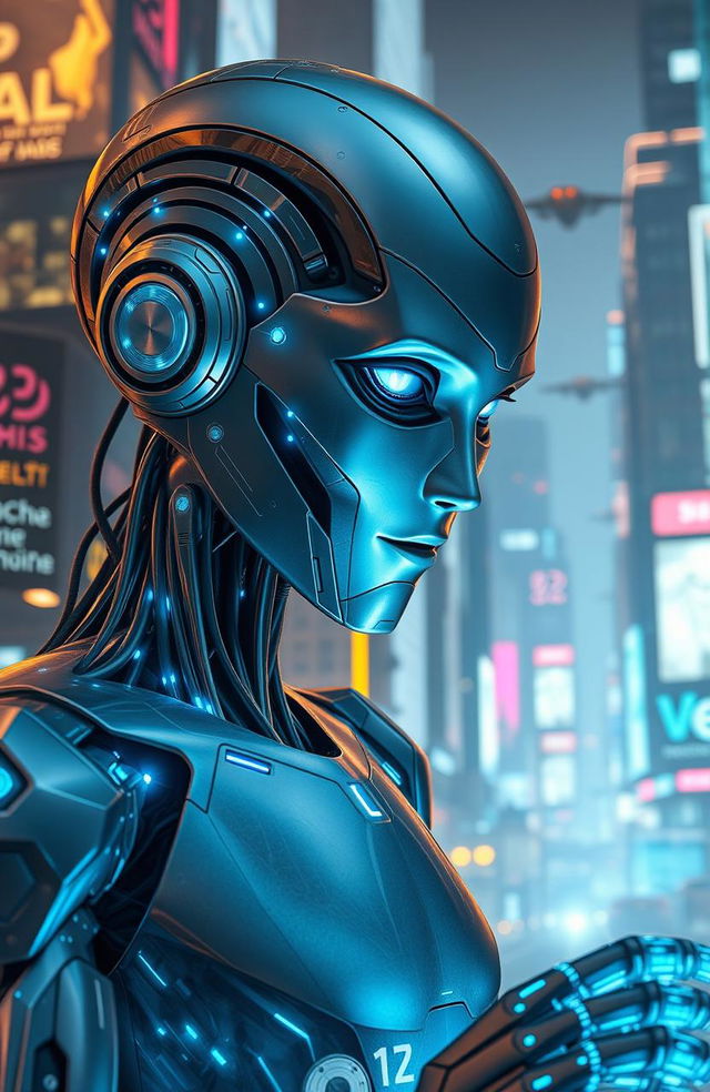 A futuristic and artistic representation of artificial intelligence, featuring a humanoid robot with sleek metallic skin, glowing blue circuits, and expressive digital eyes