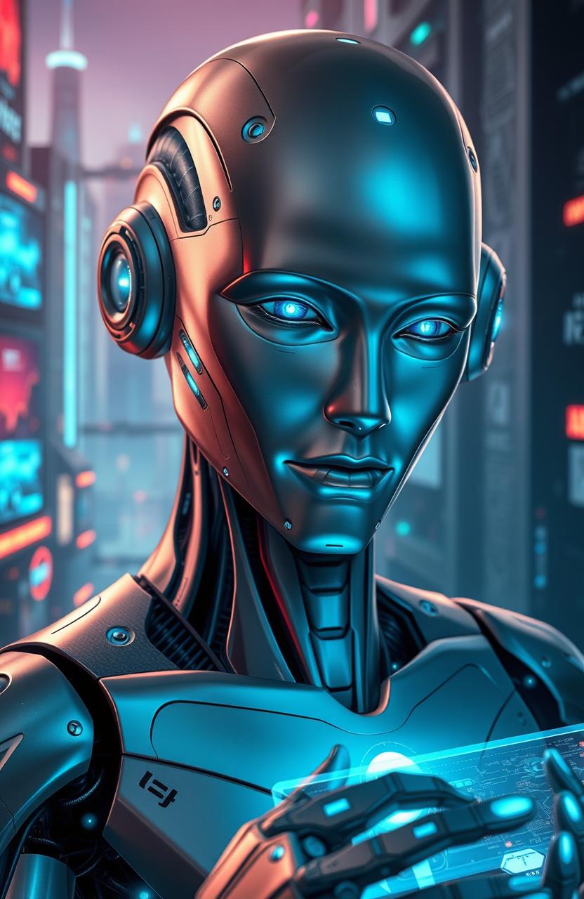 A futuristic and artistic representation of artificial intelligence, featuring a humanoid robot with sleek metallic skin, glowing blue circuits, and expressive digital eyes