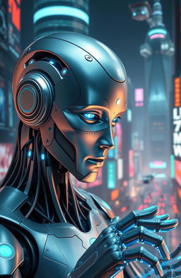 A futuristic and artistic representation of artificial intelligence, featuring a humanoid robot with sleek metallic skin, glowing blue circuits, and expressive digital eyes