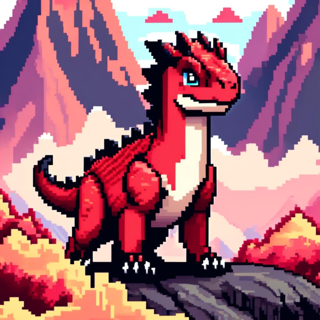 Pixel art PFP featuring a charming red and black Carnotaurus against a backdrop of a volcanic landscape.