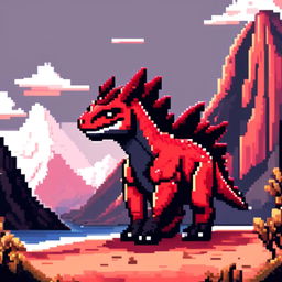 Pixel art PFP featuring a charming red and black Carnotaurus against a backdrop of a volcanic landscape.