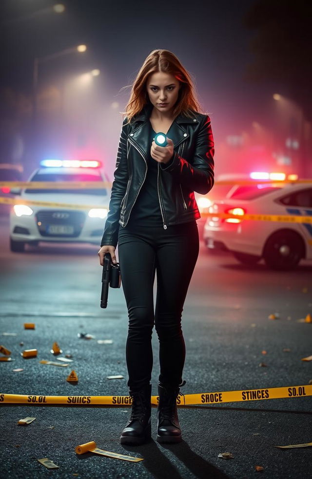 A gripping action thriller scene featuring a determined young woman standing in the midst of a chaotic crime scene