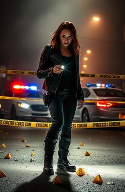 A gripping action thriller scene featuring a determined young woman standing in the midst of a chaotic crime scene