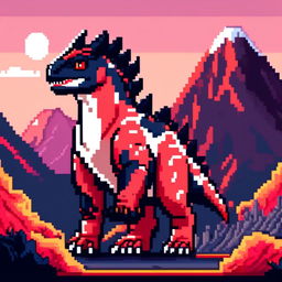 Pixel art PFP featuring a charming red and black Carnotaurus against a backdrop of a volcanic landscape.