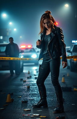 A gripping action thriller scene featuring a determined young woman standing in the midst of a chaotic crime scene