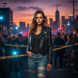 A dramatic scene depicting a young woman standing at a bustling crime scene