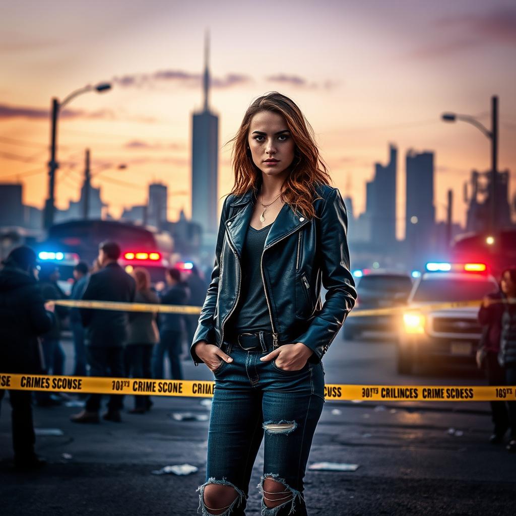 A dramatic scene depicting a young woman standing at a bustling crime scene