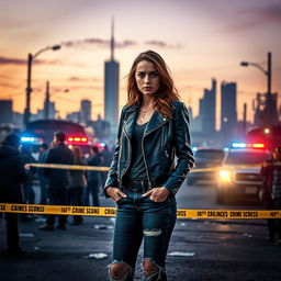 A dramatic scene depicting a young woman standing at a bustling crime scene