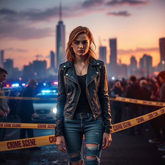 A dramatic scene depicting a young woman standing at a bustling crime scene