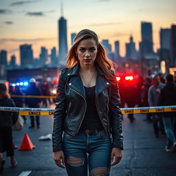 A dramatic scene depicting a young woman standing at a bustling crime scene