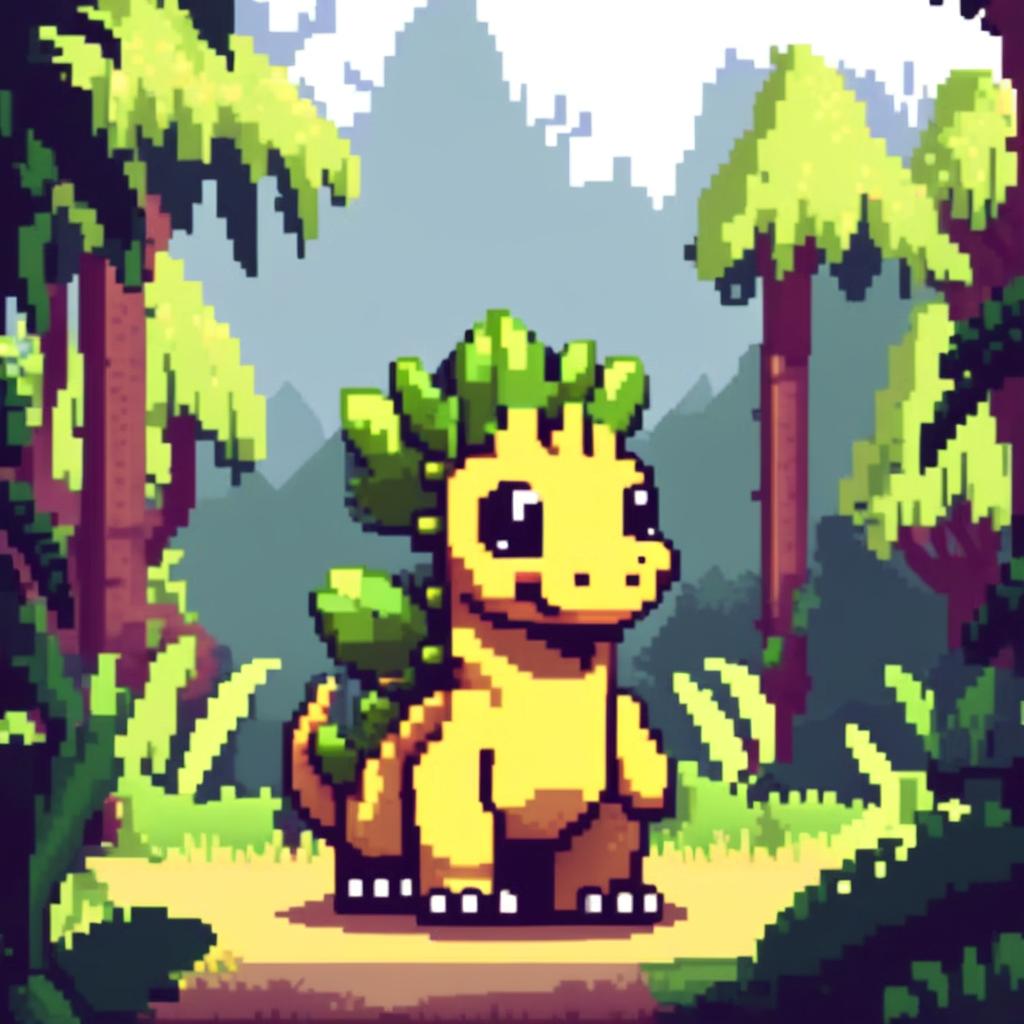 Pixel art PFP featuring a cute green and yellow Pachycephalosaurus against a backdrop of a lush jungle.