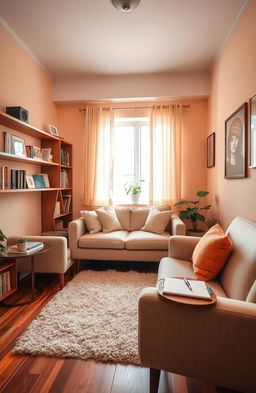 A cozy and inviting psychologist's office setting, with a warm color palette