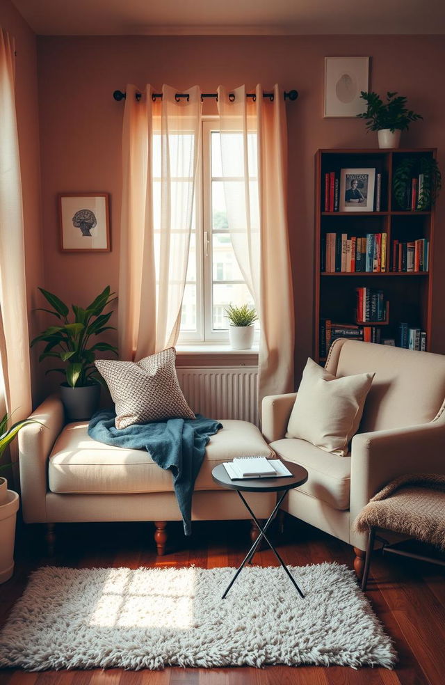 A cozy and inviting psychologist's office setting, with a warm color palette