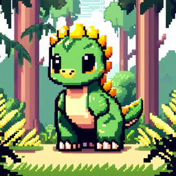 Pixel art PFP featuring a cute green and yellow Pachycephalosaurus against a backdrop of a lush jungle.