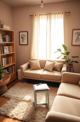A cozy and inviting psychologist's office setting, with a warm color palette