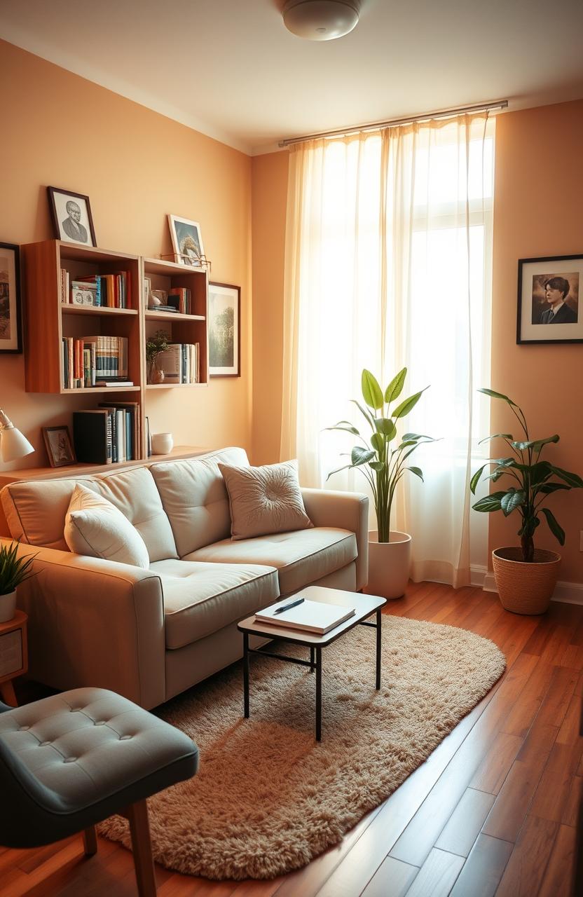 A cozy and inviting psychologist's office setting, with a warm color palette