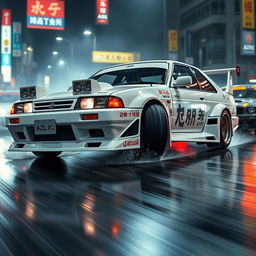 A dynamic front three-quarter view of a 1992 AZLK 2140, showcased in a striking white color with a distinctive Japanese tuning race style