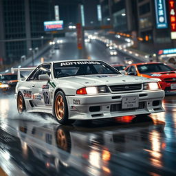 A dynamic front three-quarter view of a 1992 AZLK 2140, showcased in a striking white color with a distinctive Japanese tuning race style
