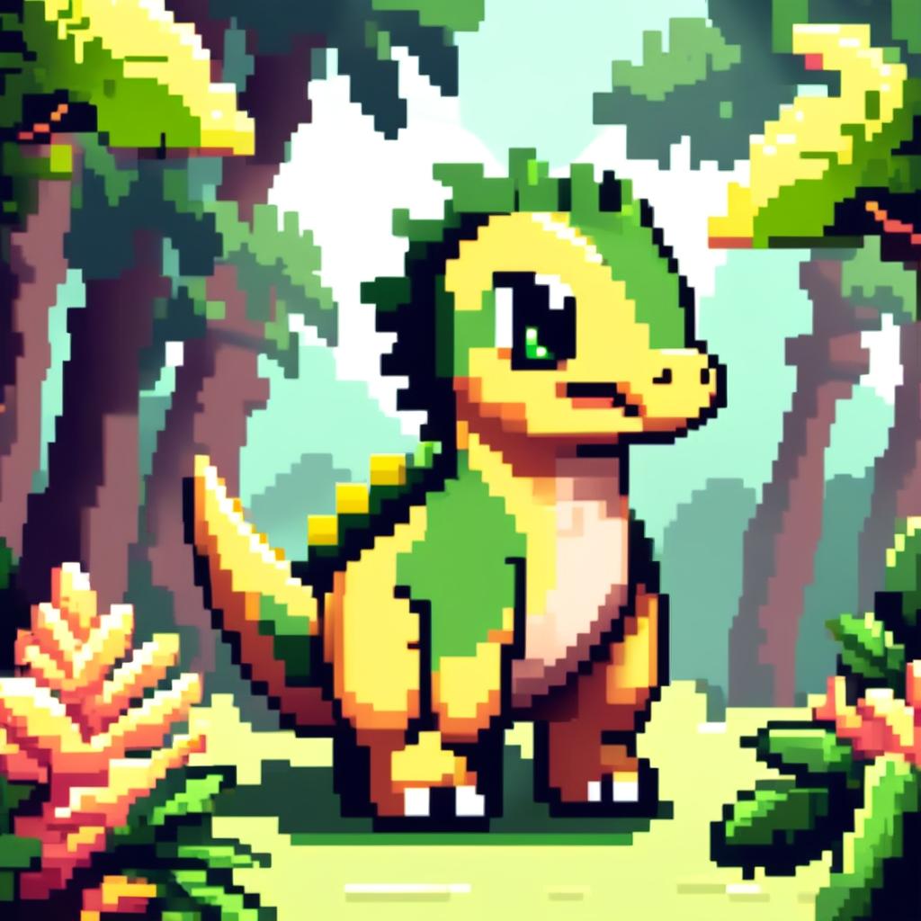 Pixel art PFP featuring a cute green and yellow Pachycephalosaurus against a backdrop of a lush jungle.