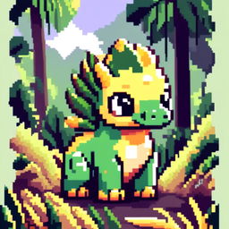 Pixel art PFP featuring a cute green and yellow Pachycephalosaurus against a backdrop of a lush jungle.