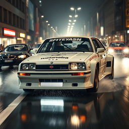 A thrilling front three-quarter view of a 1985 Russian AZLK-2140, presented in a sleek white color with a distinctive tuning race style