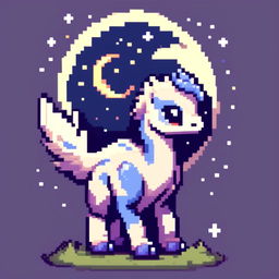 Pixel art PFP featuring a cute blue and white Oviraptor against a backdrop of a moonlit night.