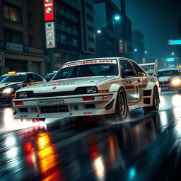 A thrilling front three-quarter view of a 1985 Russian AZLK-2140, presented in a sleek white color with a distinctive tuning race style