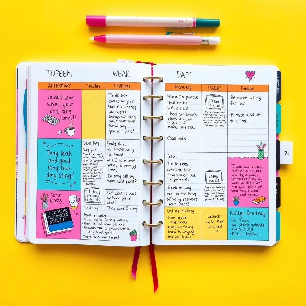 A beautifully organized planner spread showcasing a vibrant weekly schedule