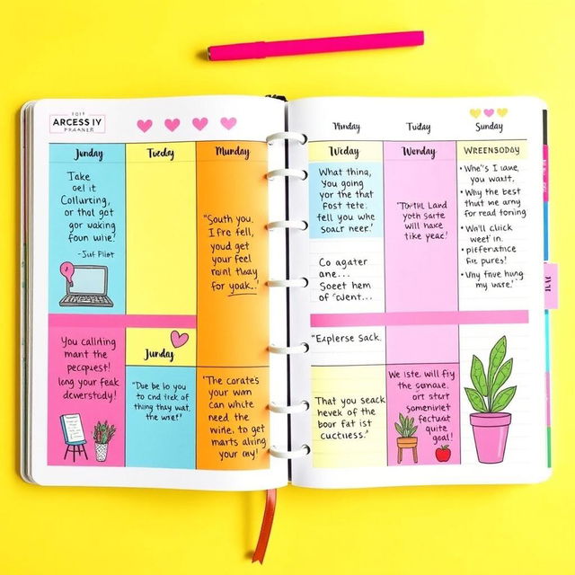 A beautifully organized planner spread showcasing a vibrant weekly schedule